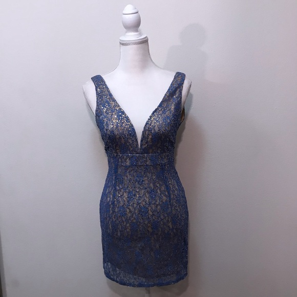 Hot Miami Styles Dresses & Skirts - HMS Hot Miami Style Blue Gold Nude Sequins Dress M